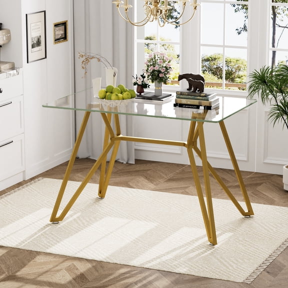47" Rectangle Dining Table for 6, Tempered Glass Kitchen Table, Paproos Dining Room Table, Dinner Table with Metal Legs for Kitchen, Dining Living Room, Transparent & Gold(Only Table)