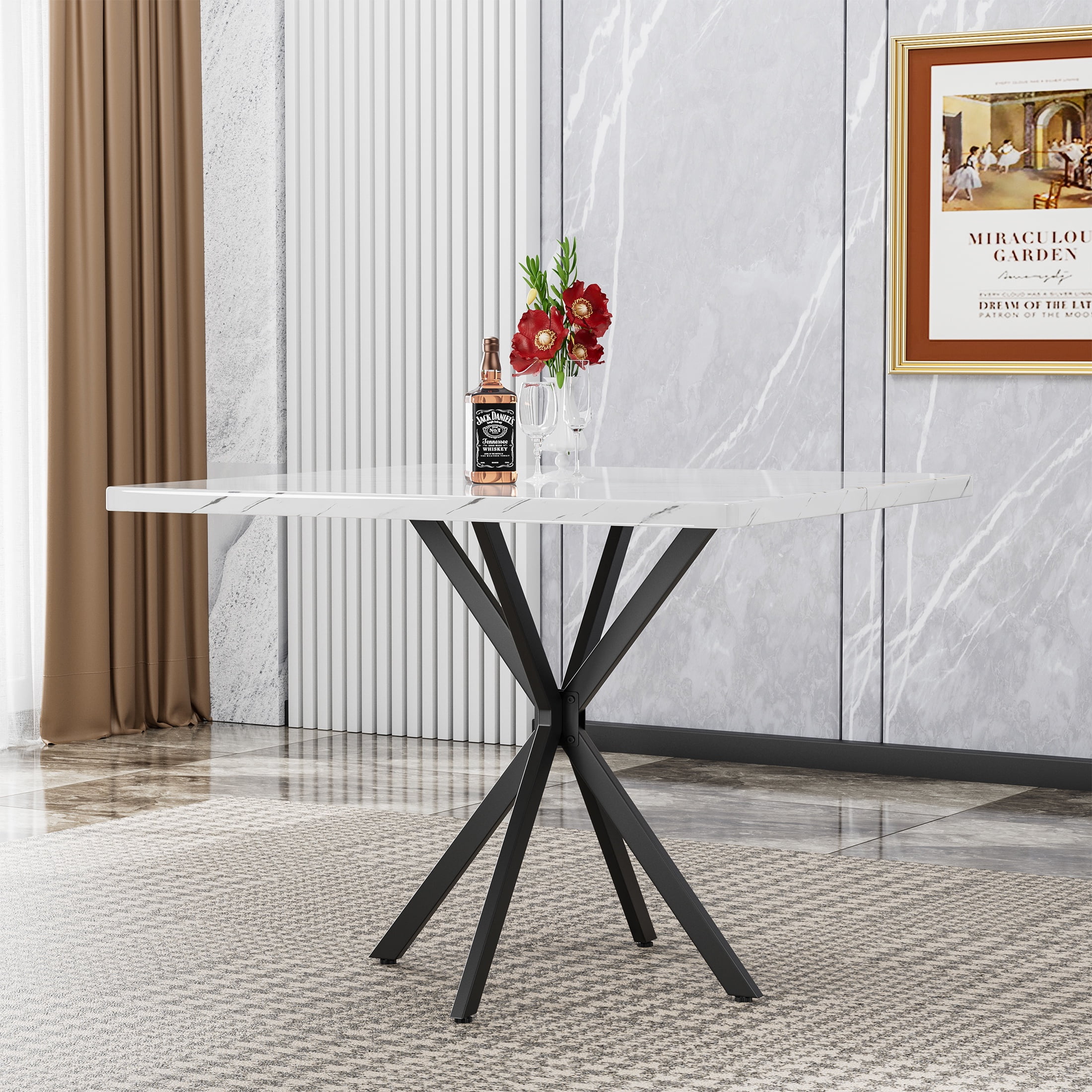 PAPROOS Square Dining Table for 4, White Marble Kitchen Table Dining Room Tables with Thickened ...