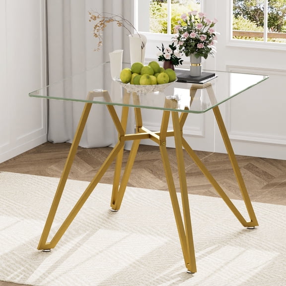 35" Square Dining Table for 4, Tempered Glass Kitchen Table, Paproos Dining Room Table, Dinner Table with Metal Legs for Kitchen, Dining Living Room, Transparent & Gold(Only Table)