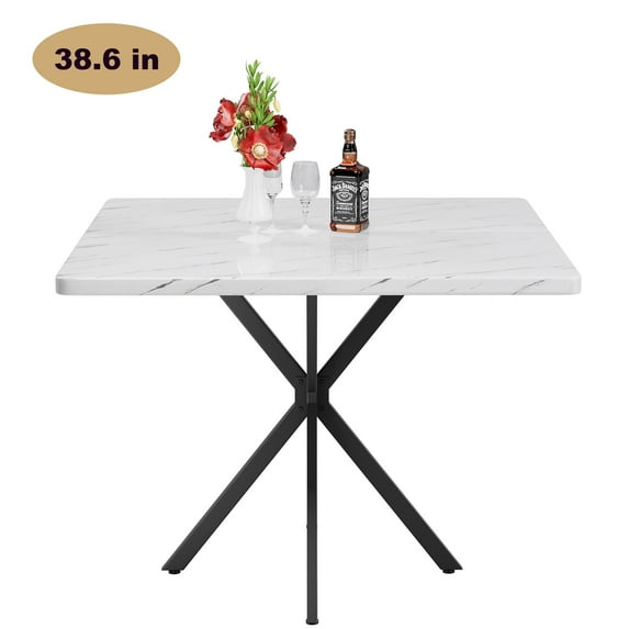 38.6" Square Dining Table for 4, Kitchen Table with Marble-Color Tabletop, Paproos Dining Room Table, Dinner Table with Metal Legs for Kitchen, Dining Living Room, White(Only Table)