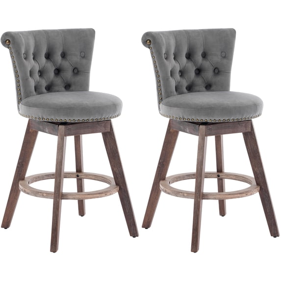 PAPROOS Swivel Bar Stools Set of 2, 26" Counter Height Bar Stools with Back, Upholstered Velvet Kitchen Island Chairs with Button Tufted Back, Nailhead Trim and Wood Legs, Grey