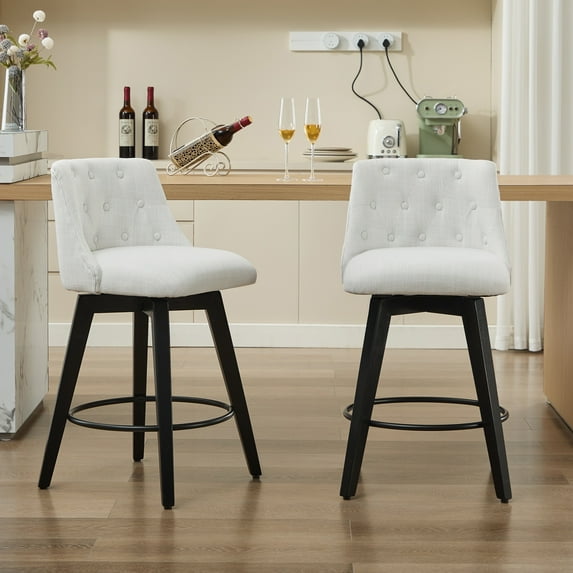 PAPROOS Swivel Bar Stools Set of 2, Modern Counter Height Stools with Linen Upholstery, Kitchen Barstools with Solid Wood Frame for Kitchen Island, White