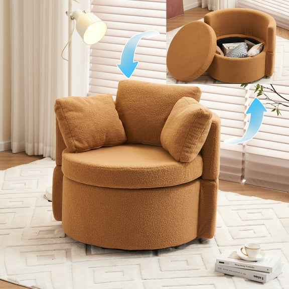 PAPROOS Swivel Barrel Accent Chair, 360° Swivel Chairs with Storage and Removable Throw Pillow, Single Sofa Armchair Comfy Round Sofa Chair for Living Room Bedroom, Teddy Khaki