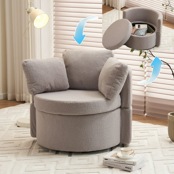 PAPROOS Swivel Barrel Accent Chair, 360° Swivel Chairs with Storage and Removable Throw Pillow, Single Sofa Armchair Comfy Round Sofa Chair for Living Room Bedroom, Teddy Light Gray