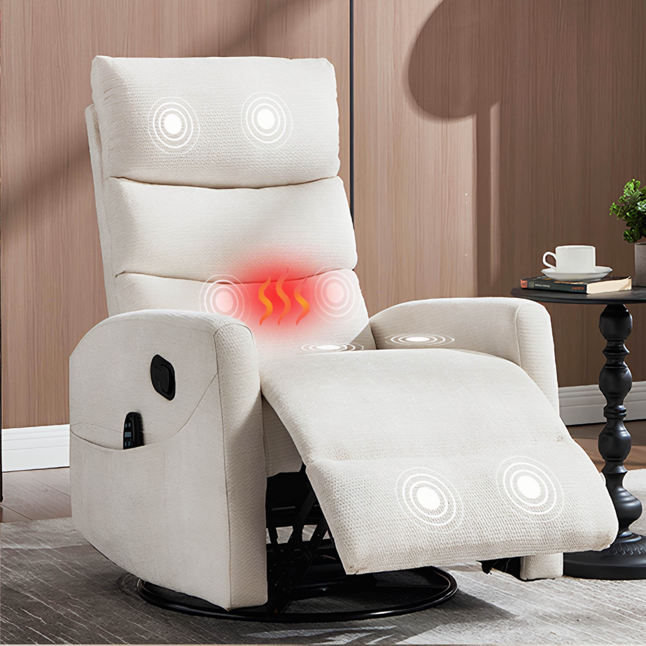 PAPROOS Rocker Recliner with Heat and Massage, Fabric 360°Swivel Rocker Recliner, Glider Rocking Chair for Nursery, Small Manual Recliner with Side Pocket for Home Theater Living Room, Beige