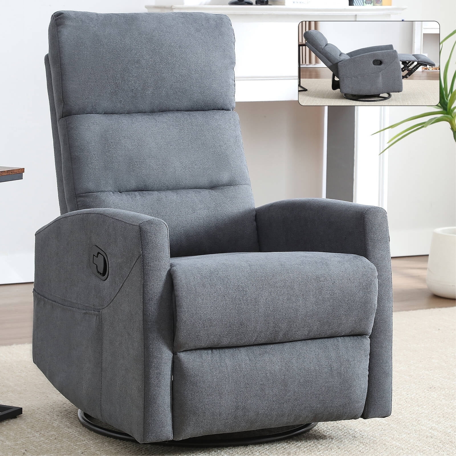 360°Swivel Rocker Recliner, PAPROOS Small Rocking Recliner Chair for Small Spaces, Home Theater Recliner with 2 Side Pockets, Nursery Glider Recliner, Manual Recliner for Adults for Living Room, Gray