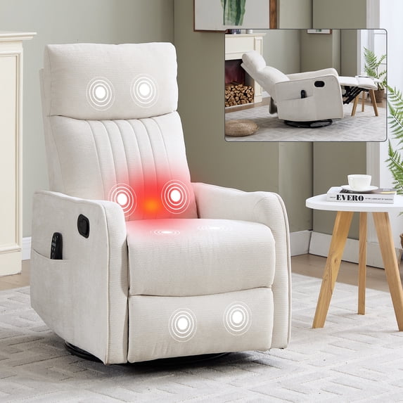 PAPROOS Rocker Recliner with Heat and Massage, Fabric 360°Swivel Rocker Recliner, Glider Rocking Chair for Nursery, Small Manual Recliner with Side Pocket for Home Theater Living Room, Beige