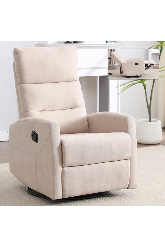 360°Swivel Rocker Recliner, PAPROOS Small Rocking Recliner Chair for Small Spaces, Home Theater Recliner with 2 Side Pockets, Nursery Glider Recliner, Manual Recliner for Adults for Living Room,Beige