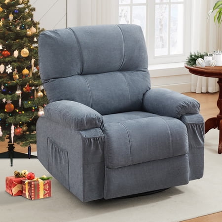 PAPROOS Swivel Rocking Recliner Chair, Linen Fabric Rocking Chair with Side Pocket, 360 Degree Rotating Swing Recliner Sofa, Blue