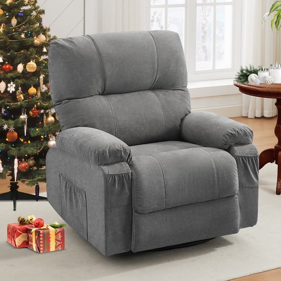 PAPROOS Swivel Rocking Recliner Chair, Linen Fabric Rocking Chair with Side Pocket, 360 Degree Rotating Swing Recliner Sofa, Gray