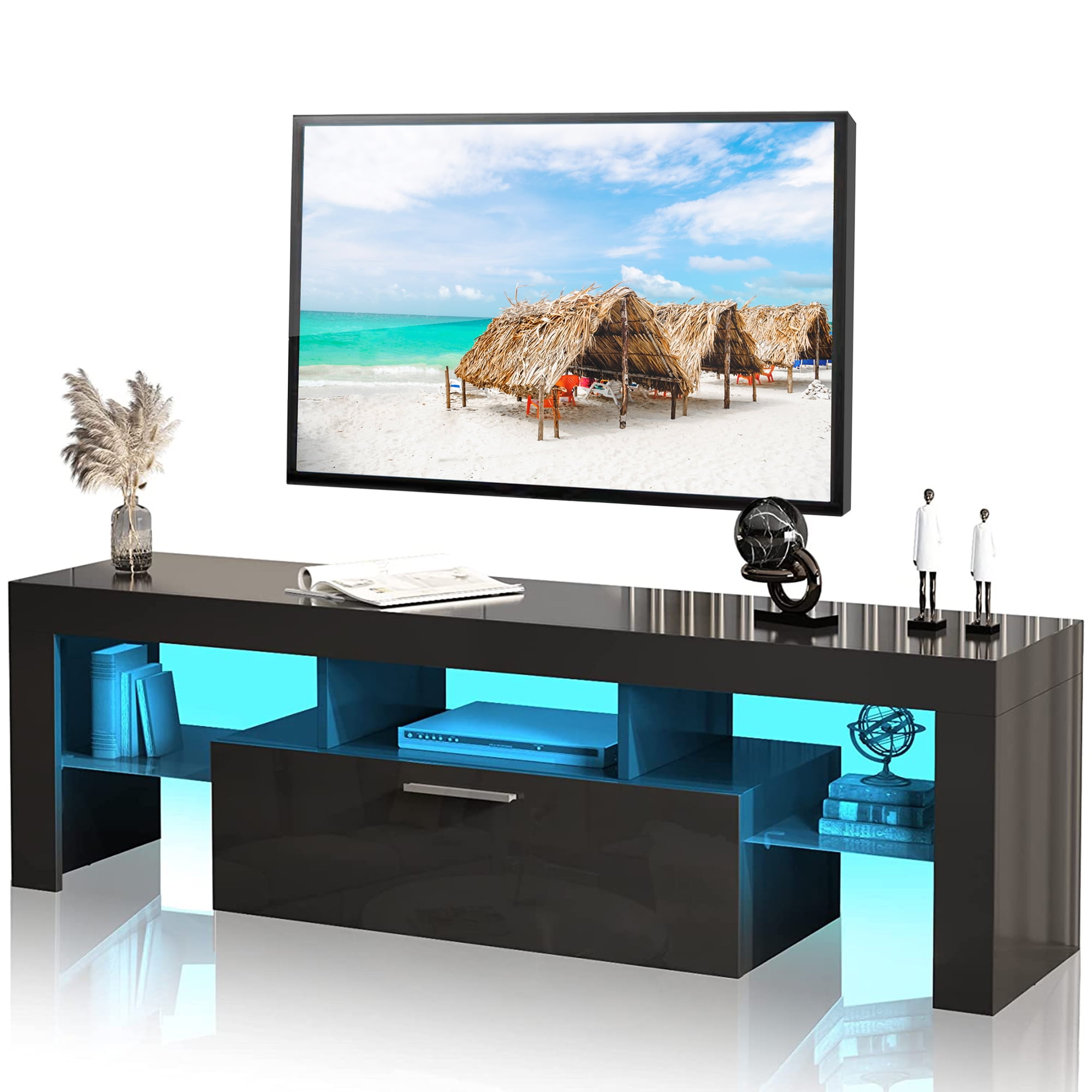 PAPROOS TV Stand for 55 Inch TV, Modern High Gloss TV Cabinet with RGB LED  Lights, Living Room TV Console Table with Storage Drawers and Glass