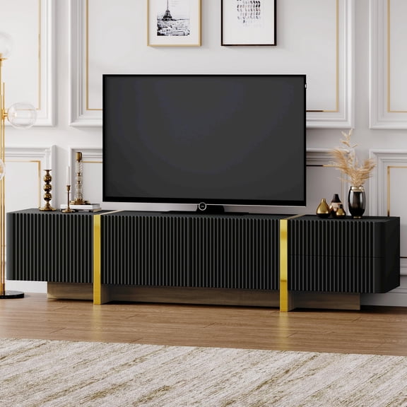 Fluted TV Stand for 80 Inch TVs, Paproos TV Console with Storage Cabinets, Entertainment Center with Drawers and Doors, Media Console Table for TVs Living Room, Office, Black