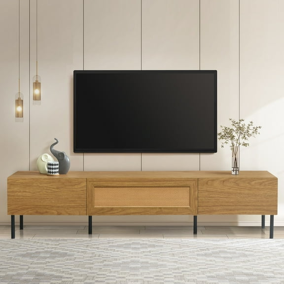 PAPROOS TV Stand for 75 Inch TV, Modern Farmhouse TV Cabinet with 3 Storage Cabinets and Metal Legs, Media Television Console Table Entertainment Center for Living Room Home Theatre, Wood