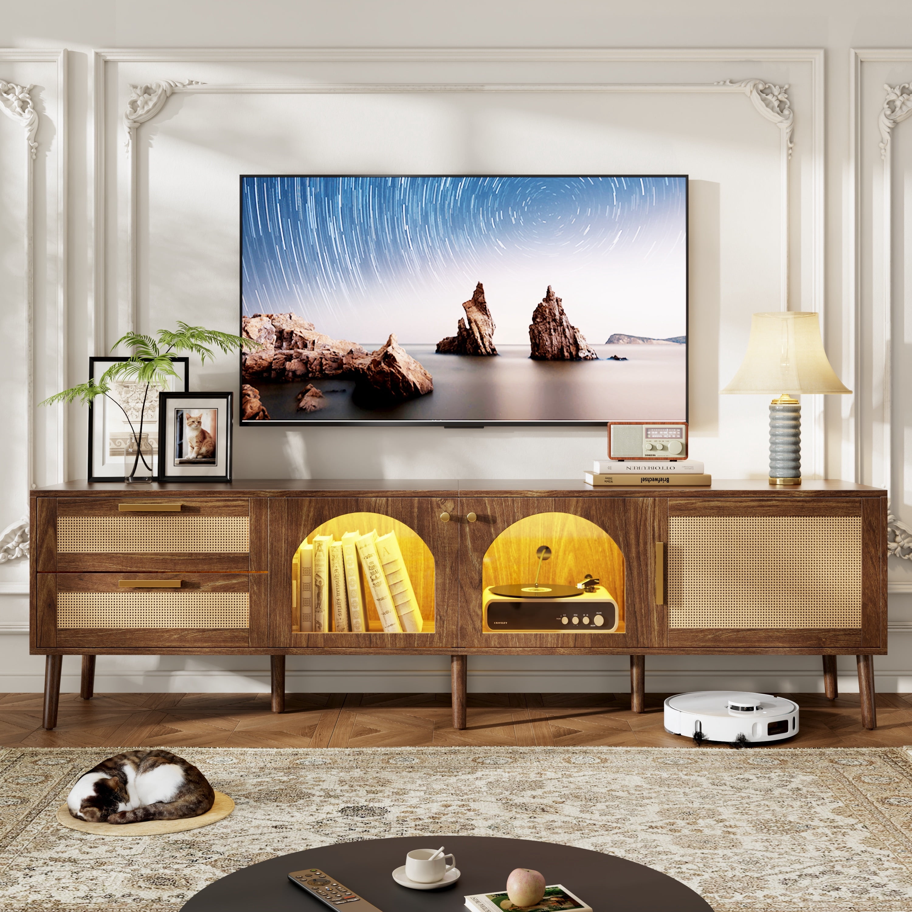 PAPROOS High Gloss TV Stand for 70-80 Inch TV, LED Light, Storage ...