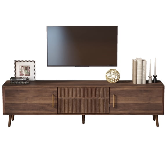 PAPROOS TV Stand for 75 Inch TV, Mid-Century TV Cabinet with 2 Storage Cabinets and 2 Drawers, Media Television Console for Living Room Home Theatre, Entertainment Center for 70-80 Inches TV, Brown