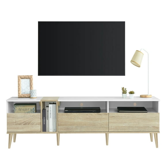 PAPROOS TV Stand for 75 Inch TV, Modern TV Cabinet with 3 Storage Drawers and Open Shelves, Media Television Console Table Entertainment Center for Living Room, White&Natural Wood