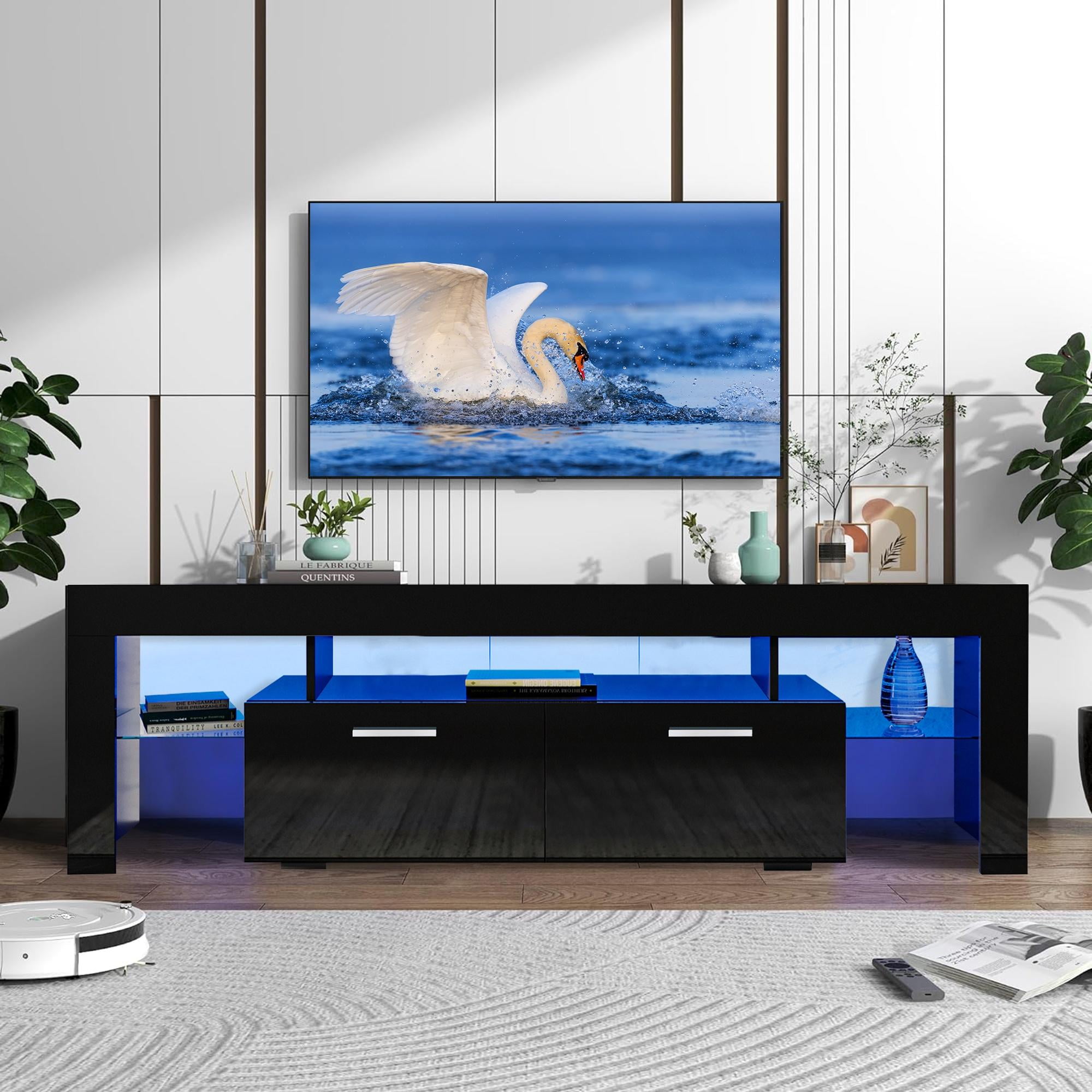 PAPROOS TV Stand for 80 Inch TV, Modern High Gloss TV with RGB