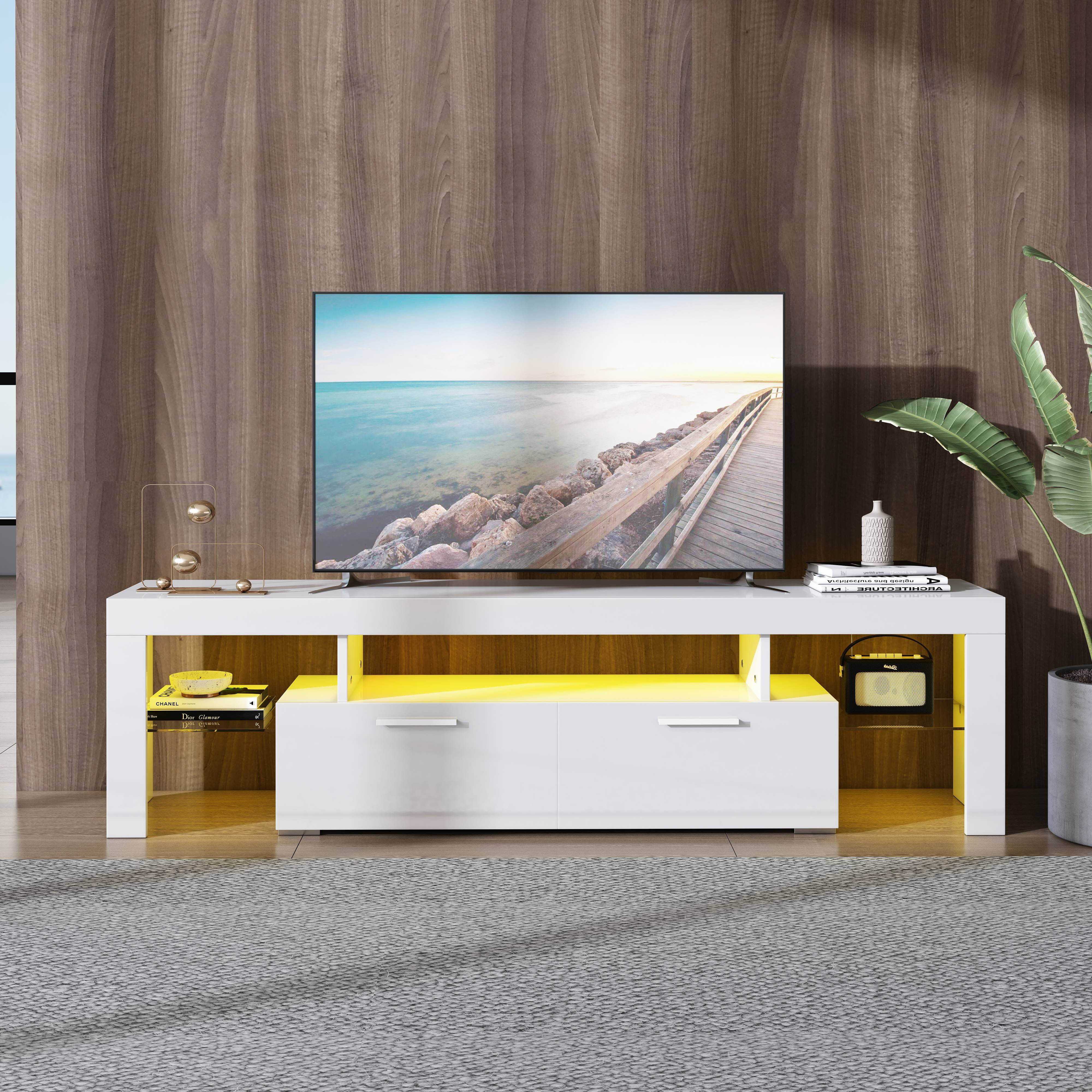 PAPROOS TV Stand for 80 Inch TV, Modern High Gloss TV with RGB
