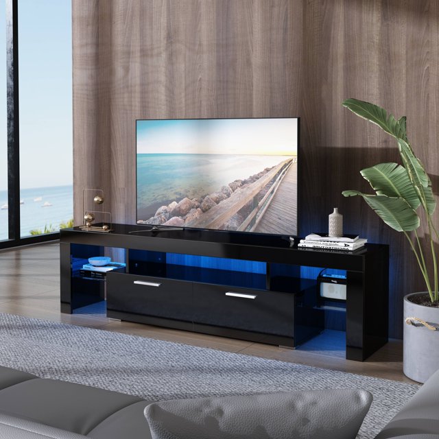 PAPROOS TV Stand with LED Lights, High Gloss TV with Storage