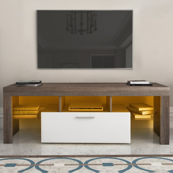 LED TV Stand for 55 inch TVs, PAPROOS Entertainment Center with RGB LED Light & Storage Shelf, Modern High Gloss TV Cabinet Media Console for Living Room, Brown & White