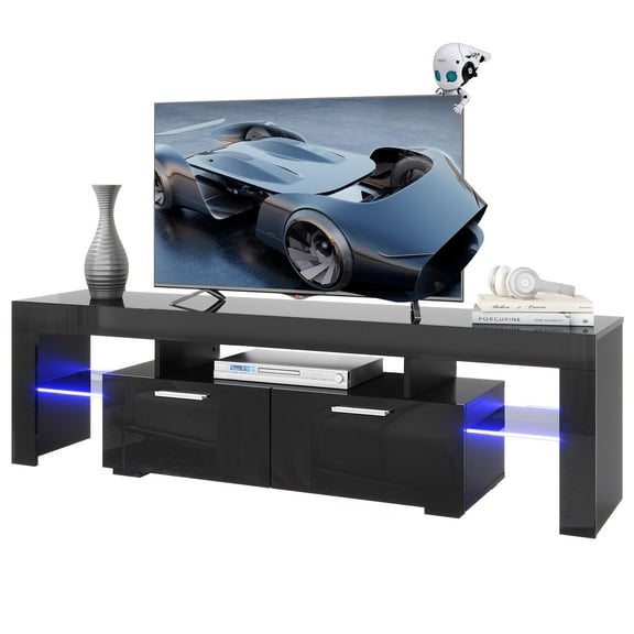 PAPROOS TV Stand for TVs up to 70", High Gloss TV Cabinet with LED Light, Modern TV Console Table with Storage Drawers, Media Television Stand Entertainment Center, Black