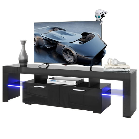 PAPROOS TV Stand for TVs up to 70", High Gloss TV Cabinet with LED Light, Modern TV Console Table with Storage Drawers, Media Television Stand Entertainment Center, Black