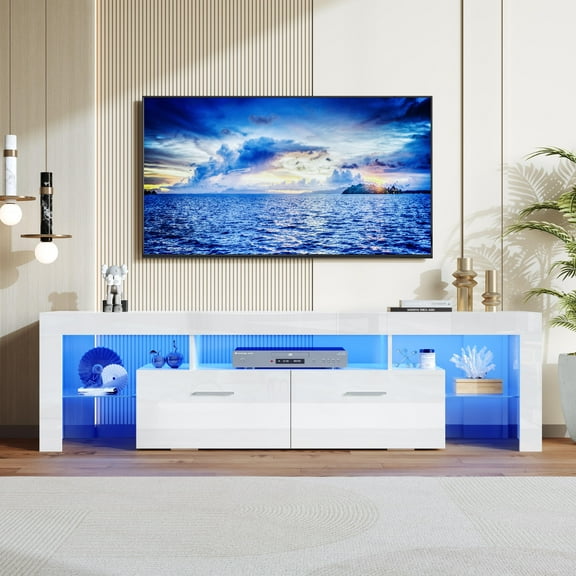 PAPROOS TV Stand for TVs up to 80", High Gloss TV Cabinet with LED Light, Modern TV Console Table with Storage Drawers, Media Television Stand Entertainment Center, White