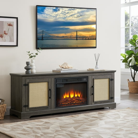 PAPROOS TV Stand With 18" Fireplace up to 65" TV, Rattan Doors TV Console Media Console with Storage Cabinet and Adjustable Shelves for Living Room, Wood Farmhouse Entertainment Center, Gray