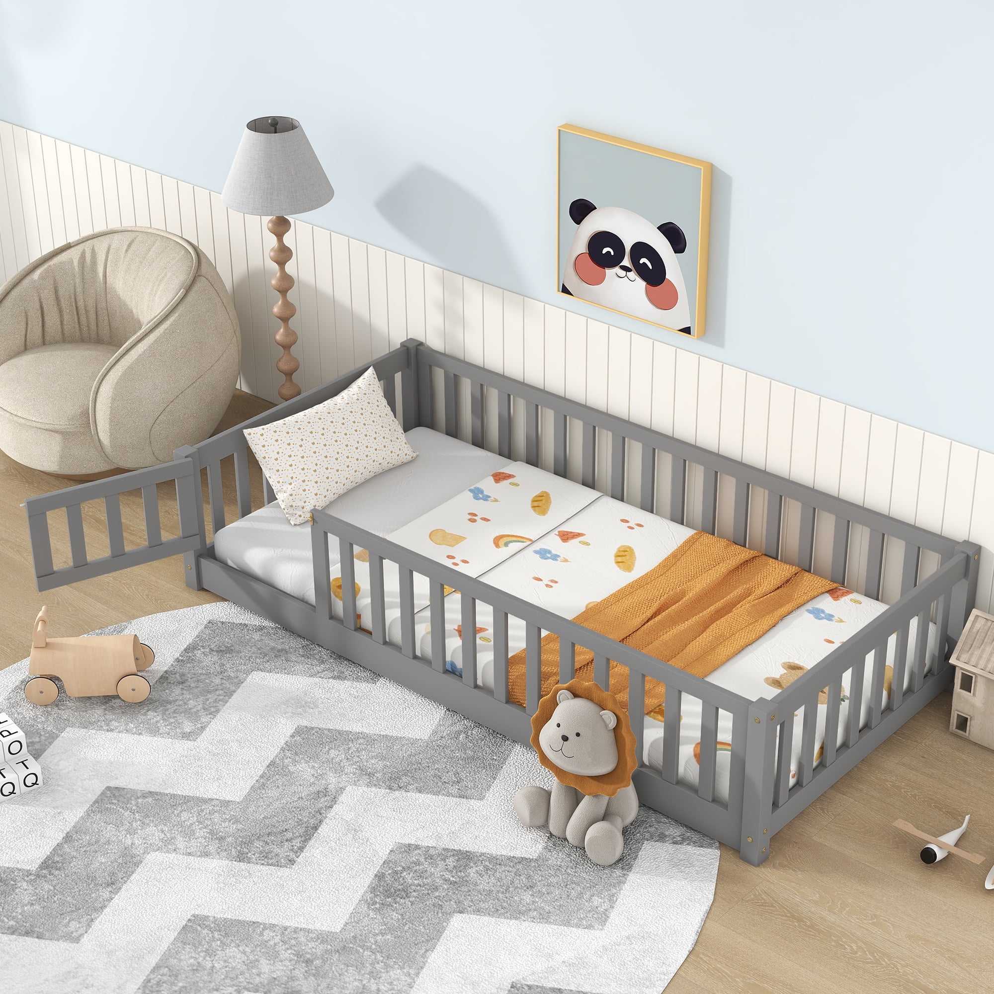 PAPROOS Toddler Floor Bed, Twin Size Solid Wood Fl