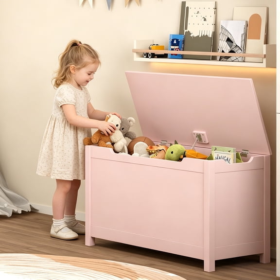 PAPROOS Toy Box for Boys Girls, Wooden Kids Toy Chest with Storage Bench and Safety Hinged Lid, Modern Toy Storage Organizer for Living Room, Bedroom, Toddler Room, Pink