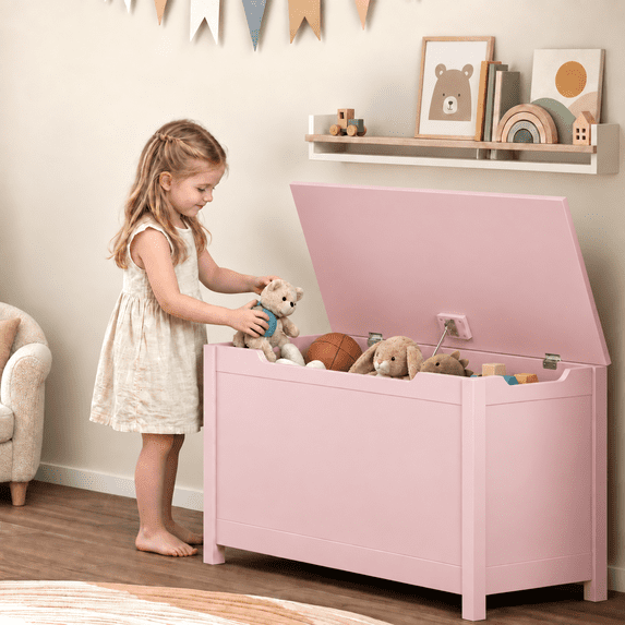 PAPROOS Kids Toy Box for Boys Girls, Wooden Toy Chest with Storage Bench and Safety-Hinged Lid, Modern Toy Storage Organizer for Playroom, Living Room, Toddler Room, Pink