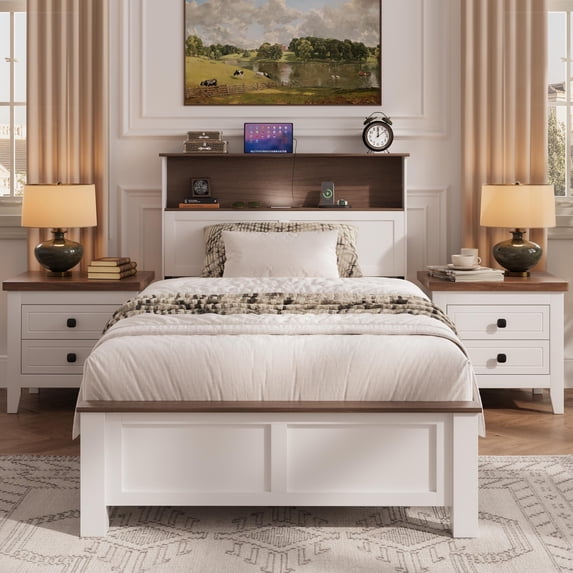 PAPROOS Twin Bed Frame with Charging Station and LED Light, Twin Size wood Platform Bed with Headboard and Footboard, No Box Spring Needed, White&Brown