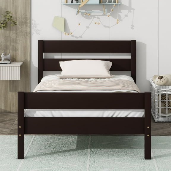 PAPROOS Twin Bed Frame, Solid Wood Platform Bed with Headboard and Footboard, Modern Twin Bed Frame with Wooden Slats Support, No Box Spring Needed, Espresso