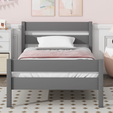 PAPROOS Twin Bed Frame, Solid Wood Platform Bed with Headboard and Footboard, Modern Twin Bed Frame with Wooden Slats Support, No Box Spring Needed, Gray