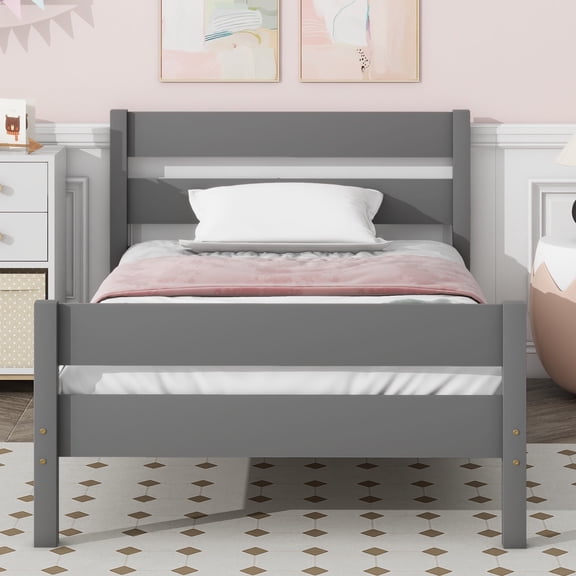 PAPROOS Twin Bed Frame, Solid Wood Platform Bed with Headboard and Footboard, Modern Twin Bed Frame with Wooden Slats Support, No Box Spring Needed, Gray