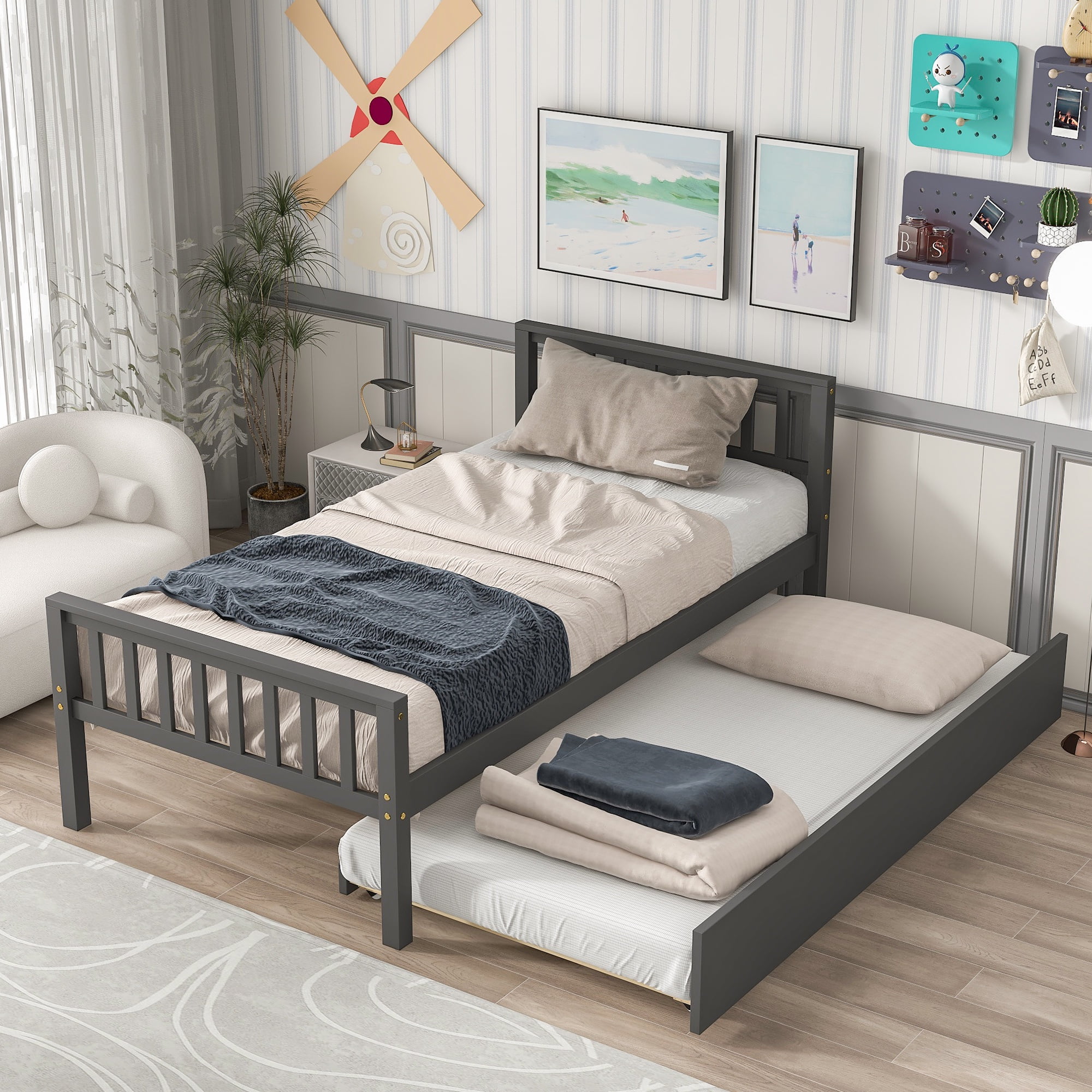 Twin Bed Frame for Kids with Trundle, PAPROOS Solid Wood 2 Platform Beds, Twin Size Platform Bed Frame with Headboard and Footboard for Boys Girls, No Box Spring Needed, Gray