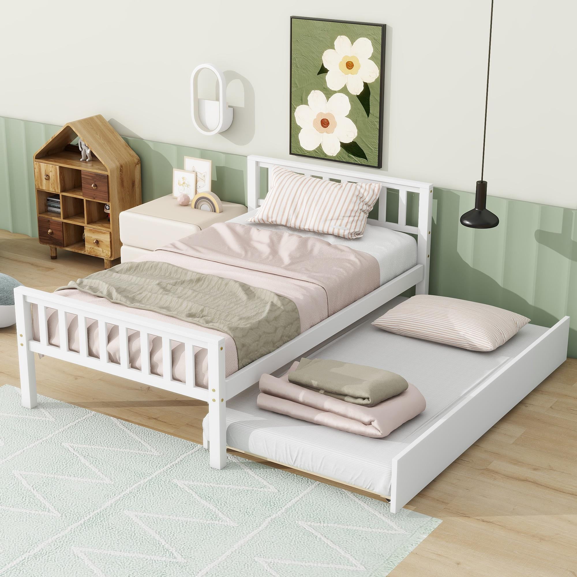 Twin Bed Frame for Kids with Trundle, PAPROOS Solid Wood 3 Platform Beds, Twin Size Platform Bed Frame with Headboard and Footboard for Boys Girls, No Box Spring Needed, White