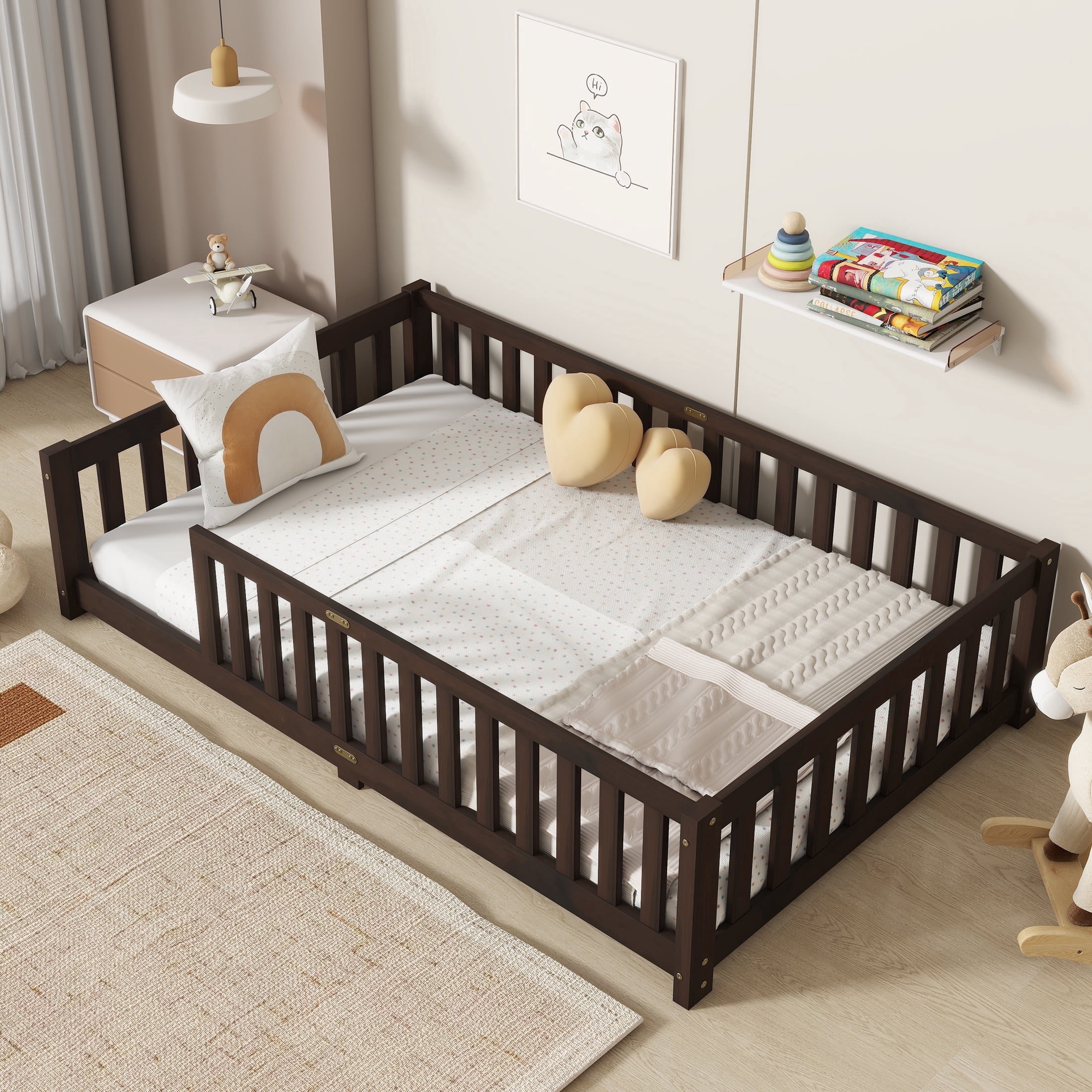 Sesslife Twin Montessori Floor Bed, Wood Twin Size Floor Bed Frame with Safety Guardrails and Slats, Low Profile Toddler Bed for Kids Boys and Girls, No Box Spring Needed, Espresso