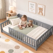 Sesslife Twin Montessori Floor Bed, Wood Twin Size Floor Bed Frame with Safety Guardrails and Slats, Low Profile Toddler Bed for Kids Boys and Girls, No Box Spring Needed, Grey