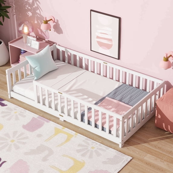 Sesslife Twin Montessori Floor Bed, Twin Size Floor Bed with Fence Without Door, Toddler Bed with Salts, Safety Guardrails, No Box Spring Needed, Twin Bed for Kids Girls, Boys, White