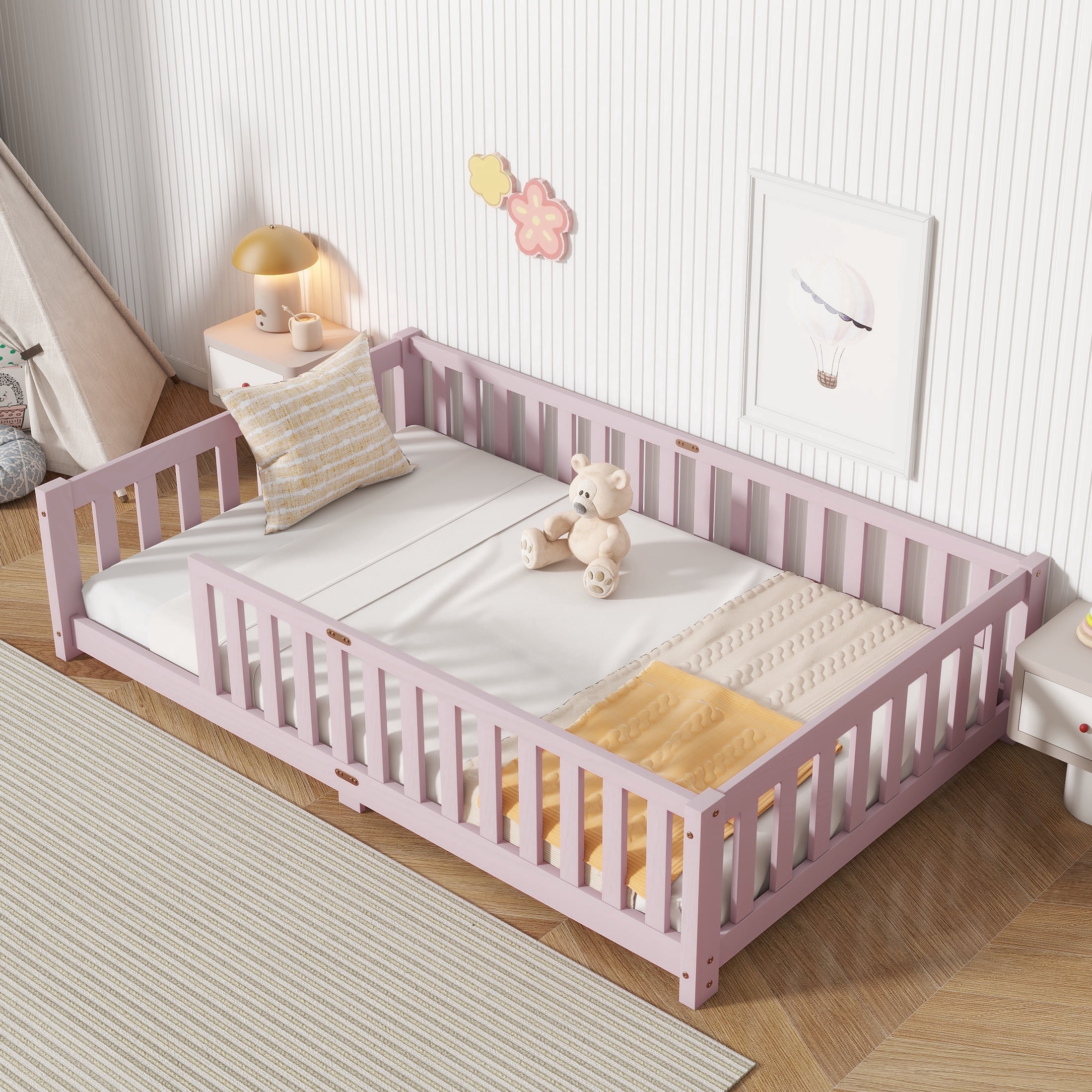 Sesslife Twin Montessori Floor Bed, Wood Twin Size Floor Bed Frame with Safety Guardrails and Slats, Low Profile Toddler Bed for Kids Boys and Girls, No Box Spring Needed, Pink