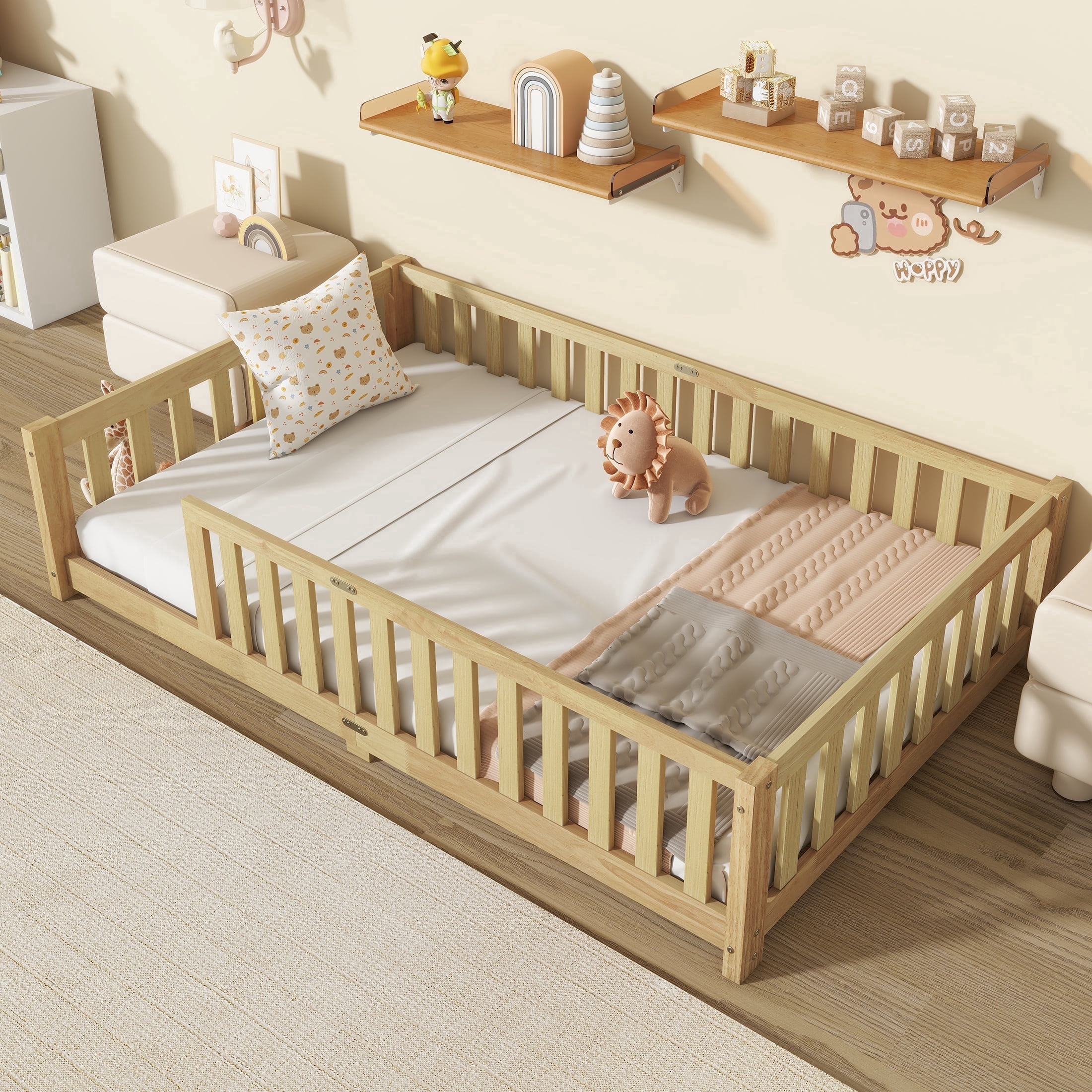 Sesslife Twin Montessori Floor Bed, Wood Twin Size Floor Bed Frame with Safety Guardrails and Slats, Low Profile Toddler Bed for Kids Boys and Girls, No Box Spring Needed, Natural