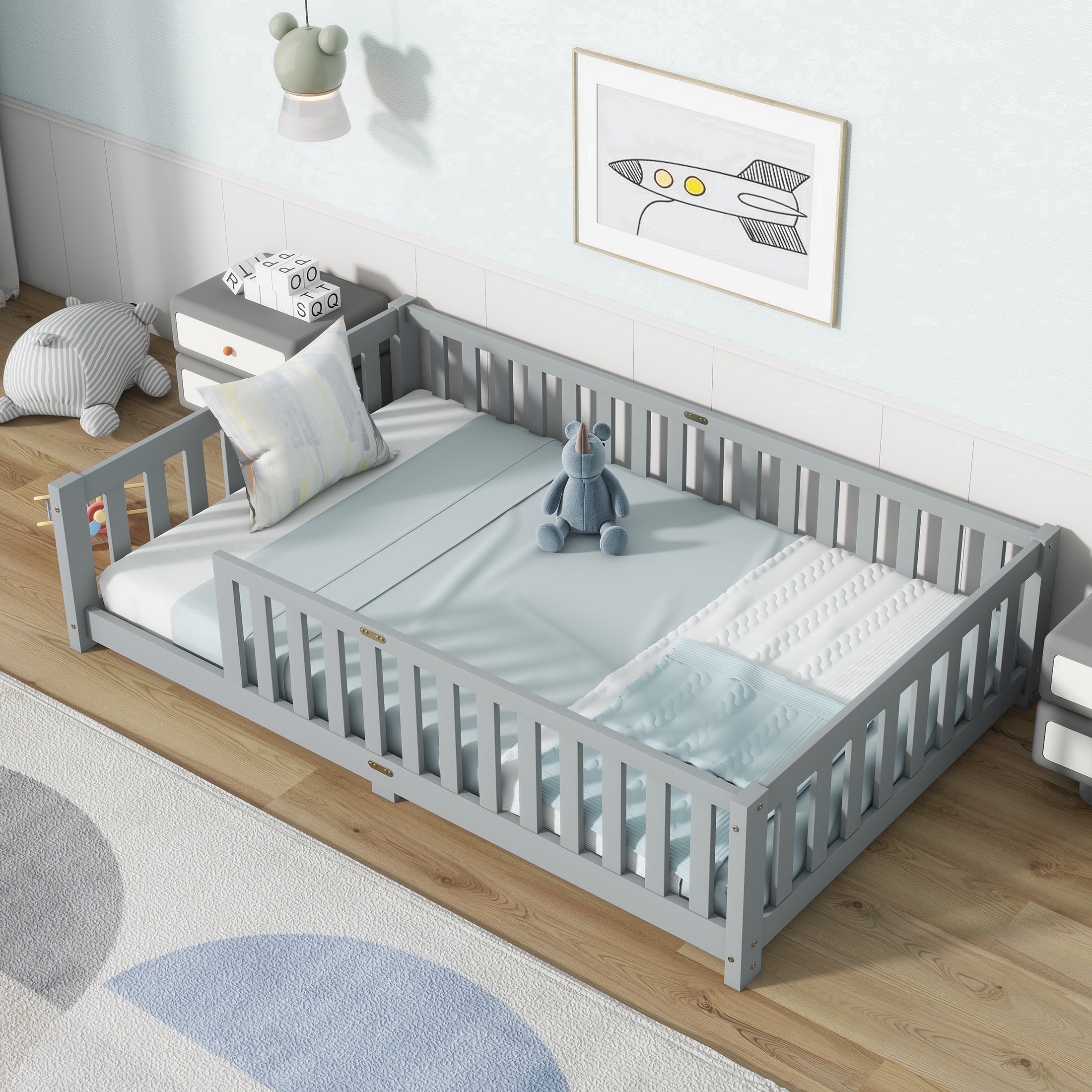 Sesslife Twin Montessori Floor Bed, Wood Twin Size Floor Bed Frame with Safety Guardrails and Slats, Low Profile Toddler Bed for Kids Boys and Girls, No Box Spring Needed, Grey