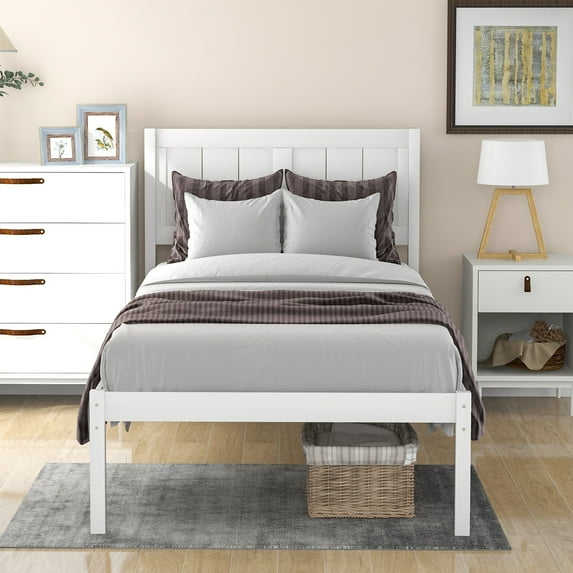 PAPROOS Twin Bed Frame, Modern Wood Platform Bed with Headboard and Strong Wooden Slats, Twin Size Bed Frame for Kids Boys Girls Teens, No Box Spring Needed, White