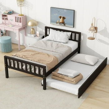PAPROOS Twin Bed Frame with Trundle, Twin Size Wood Platform with Trundle Bed, Headboard and Footboard, Modern Daybed for Kids Teens Adults, No Box Spring Needed, Espresso
