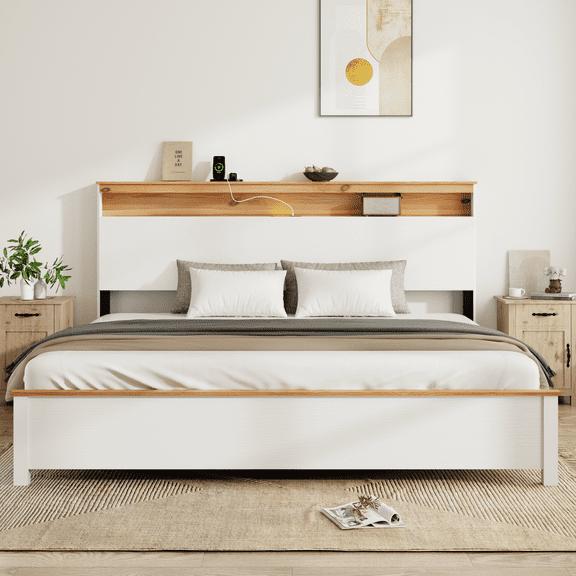 PAPROOS King Size Bed Frame, Wood Platform Bed Frame with Storage Headboard and Charging Station, Farmhouse Bed Frame with LED Light, Metal Slat Support, Holds 800 lb, No Box Spring Needed, White