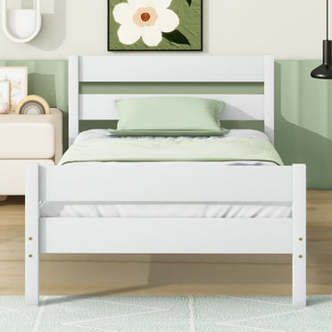 PAPROOS Twin Bed Frame for Kids, Solid Wood Platform Bed with Headboard and Footboard, Modern Twin Bed Frame with Wooden Slats Support, No Box Spring Needed, White