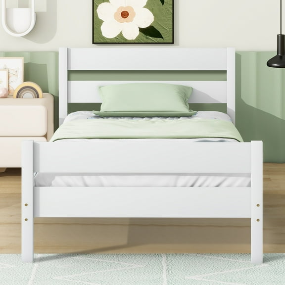 PAPROOS Twin Bed Frame, Solid Wood Platform Bed with Headboard and Footboard, Modern Twin Bed Frame with Wooden Slats Support, No Box Spring Needed, White