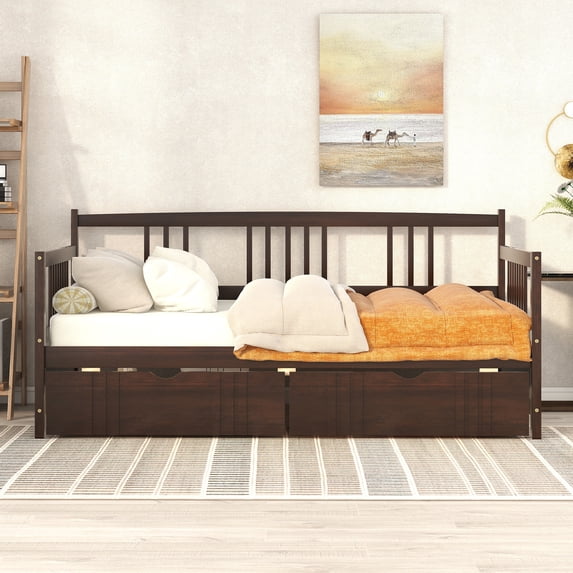 PAPROOS Twin Bed with Storage, Twin Size Daybed with 2 Storage Drawers, Modern Solid Wood Daybed Frame, Living Room Sofa Bed, No Box Spring Needed, Espresso