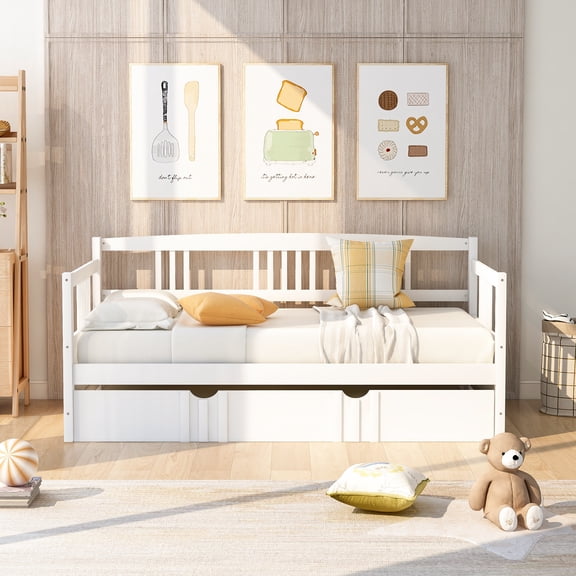 PAPROOS Twin Bed with Trundle Included, Twin Size Daybed with a Trundle, Modern Solid Wood Daybed Frame, Living Room Sofa Bed with Pull Out Bed, No Box Spring Needed, White